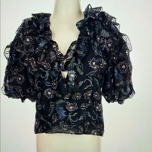 NWOT MAGALI PASCAL dark navy floral ruffle neck with split neck ties blouse